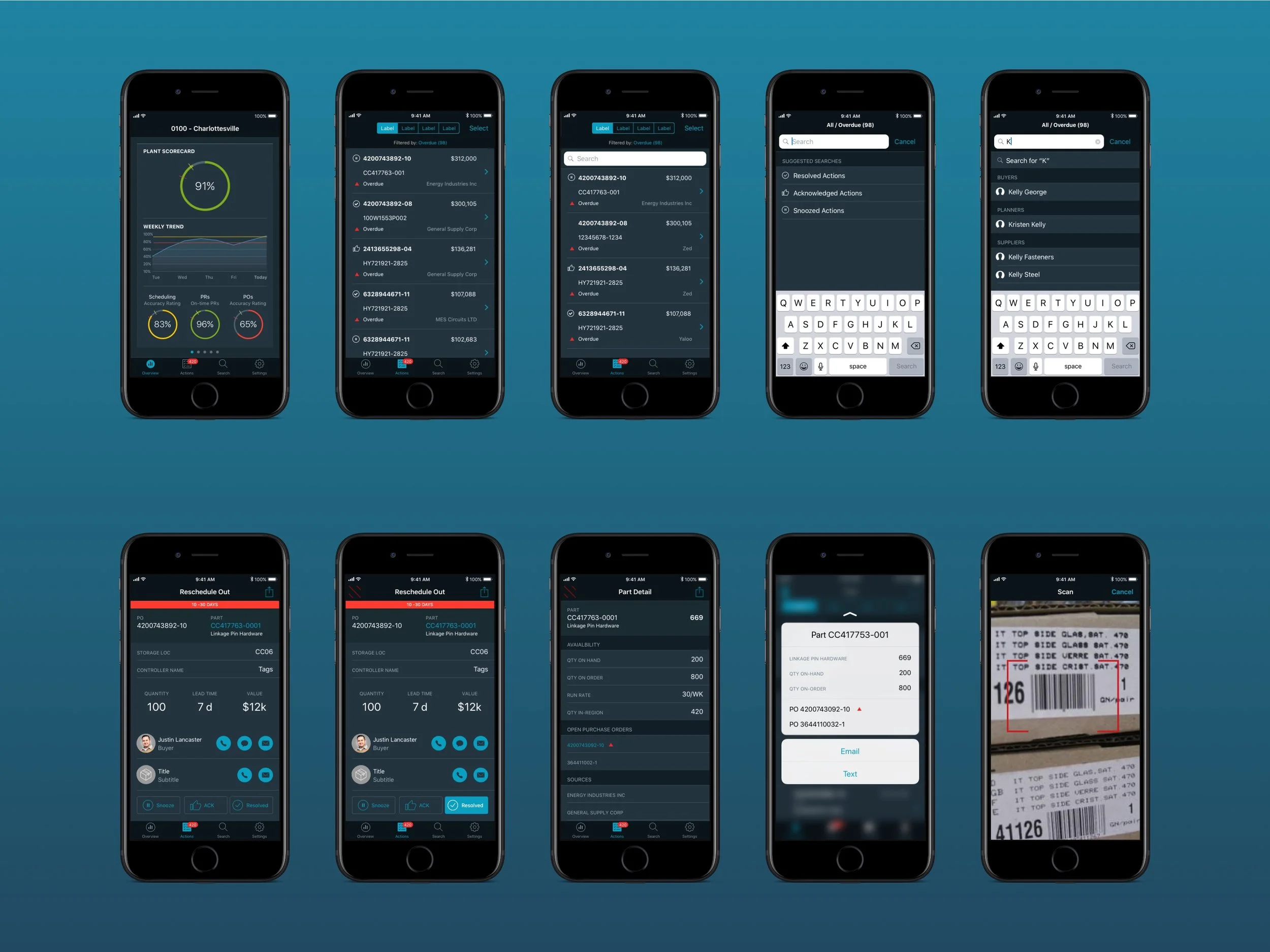 Action screens — order adjustment, status change, snooze