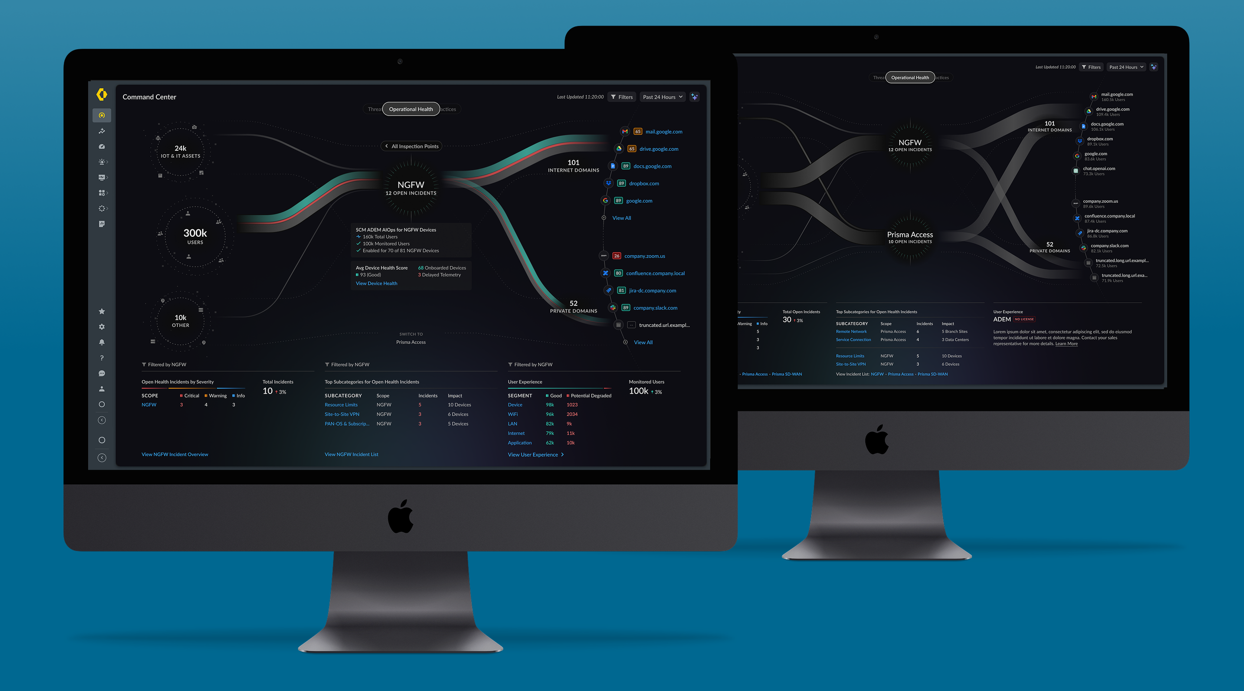 Command Center also works as an upsell surface, demonstrating the value of ADEM. With ADEM (left), without ADEM (right).