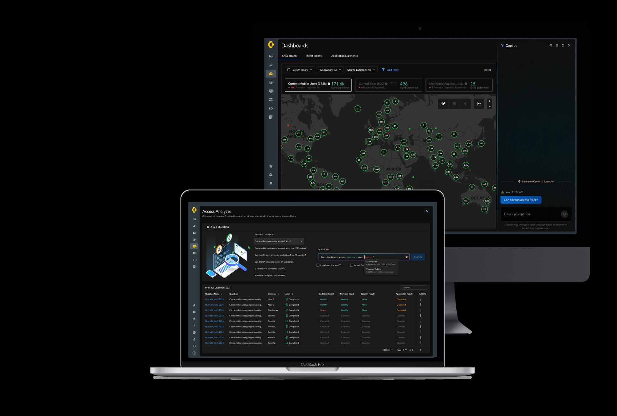 Copilot answering a natural-language access question from the Command Center dashboard, with Access Analyzer open alongside